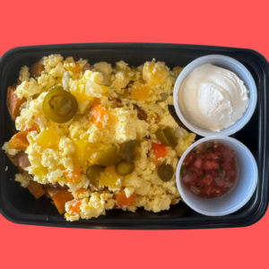 Meal #0- Sweet potato breakfast nachos, eggs, bell pepper, onion, tomatoes, sour cream (gf)
