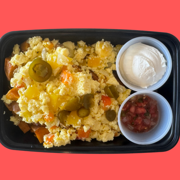 Meal #0- Sweet potato breakfast nachos, eggs, bell pepper, onion, tomatoes, sour cream (gf)
