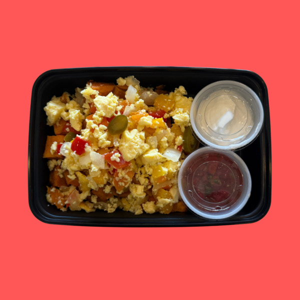 Meal #0- Sweet potato breakfast nachos, eggs, bell pepper, onion, tomatoes, sour cream (gf)
