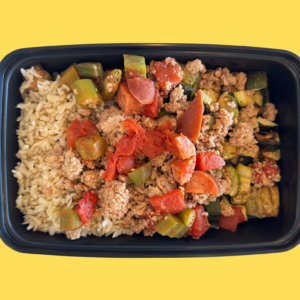 Meal #05-turkey jambalaya with andouile sausage, okra, tomatoes, brown rice, zucchini  (GF,DF)