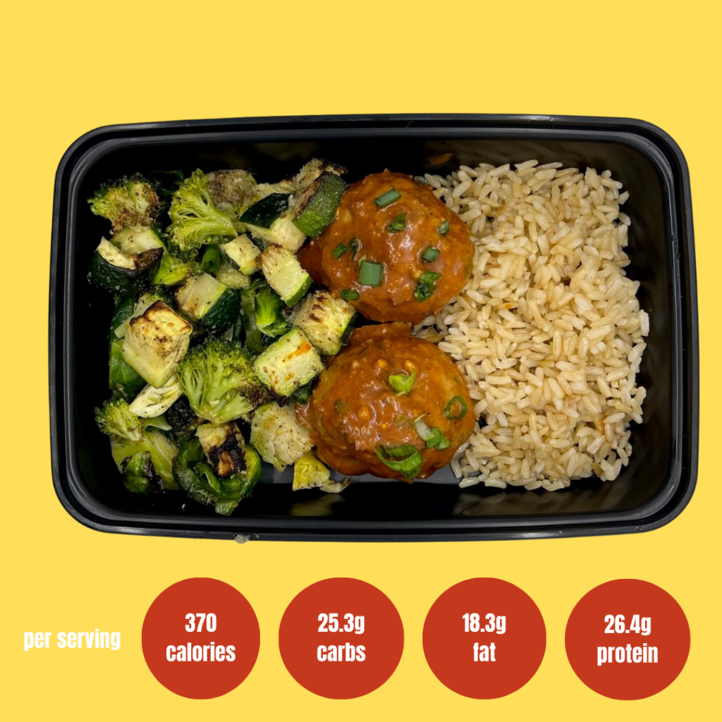 Meal 04Thai coconut curry turkey meatballs with brown rice and mix