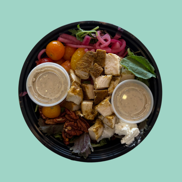 Salad-Shawarma Chicken salad with tahini dressing-mix greens, seasoned chicken, goat cheese, candied pecans, roasted tomatoes(GF)