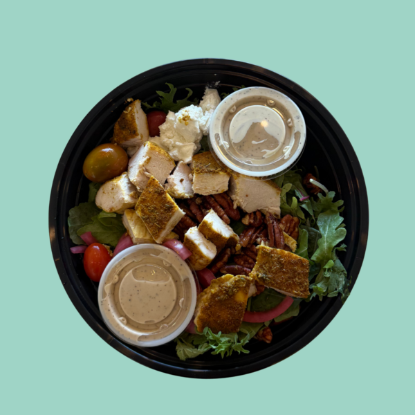 Salad-Shawarma Chicken salad with tahini dressing-mix greens, seasoned chicken, goat cheese, candied pecans, roasted tomatoes(GF)