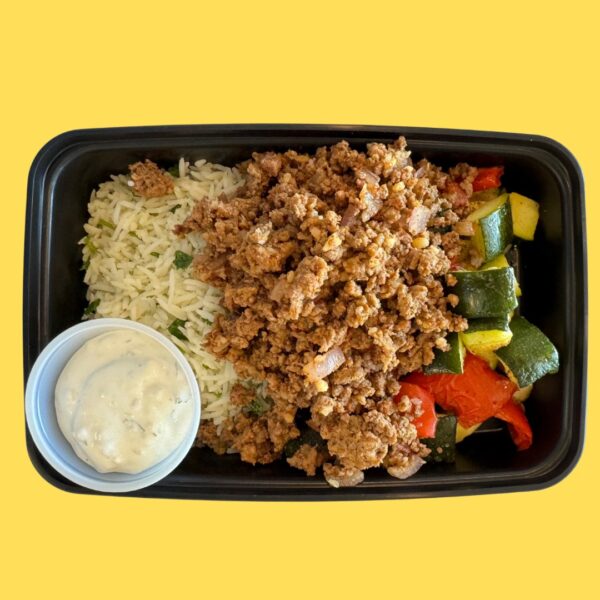 Meal #08-Beef taco bowl cilantro-lime rice, zucchini and peppers(GF,DF)Crema(GF)
