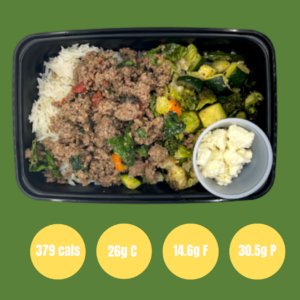 Meal #09-Mediterranean ground beef with basmati rice, and mixed veggies(GF,DF)Feta(GF *on the side)