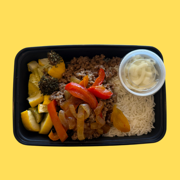 Meal #08-Philly Beef with basmati and mix veggies(GF,DF)mozzarella cheese on the side(GF)