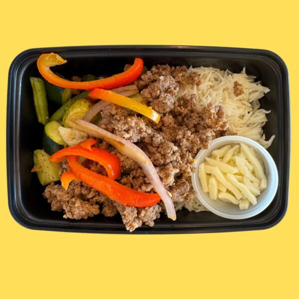 Meal #09-Philly Beef with basmati and mix veggies(GF,DF)mozzarella cheese on the side(GF)