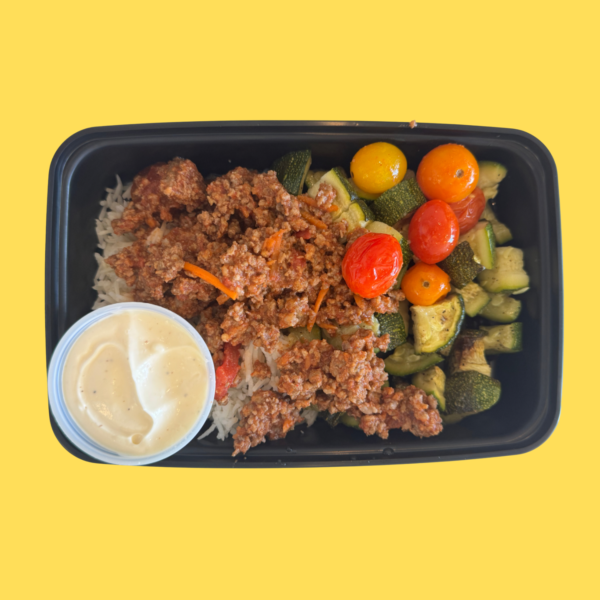Meal #07-Smoky Guajillo Beef, basmati rice, zucchini and tomatoes(GF,DF)zesty lime mayo(GF)