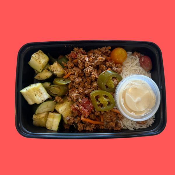 Meal #07-Smoky Guajillo Beef, basmati rice, zucchini and tomatoes(GF,DF)zesty lime mayo(GF)
