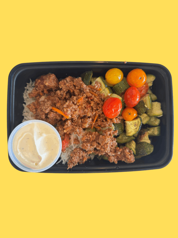 Meal #07-Smoky Guajillo Beef, basmati rice, zucchini and tomatoes(GF,DF)zesty lime mayo(GF)