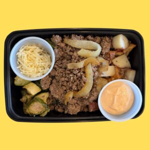 Meal #11- beef burger bowl with caramelized onions, red potatoes, mix veggie(gf,df)side of swiss(gf)and burger sauce(gf,df)