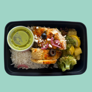 Meal #01- goddess chicken bowl, basmati rice, mix veggie, feta and pickled onion, olive topping(gf)hummus(gf,df)